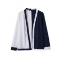 White&Blue Color Block Style Contrast Trim Coat