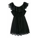 Scoop Neck Lace Ruffle Trim Ruched Detail Gathered Waist Sleeveless Dress