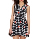 All Over Black& Orange Heart Print V-Neck Sleeveless Dress