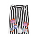 Front Split Hem Vertical Stripe Pattern Applique Embellished Pencil Skirt