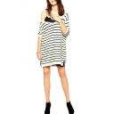 Stripe Print V-Neck Long Sleeve Split Hem Sweater Dress