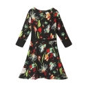 Round Neck 3/4 Sleeve All Over Gorgeous Flower Print Dress