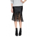 Fashionable PU Tassel Hem High Waist Bodycon Knee Length Skirt