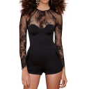 Sexy Slim Black Lace Embroidered Sheer Panel Round Neck Rompers