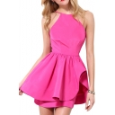 Halter Backless Ruffle Hem Pink A-line Dress