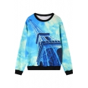 Blue Sky&Eiffel Print Round Neck Sweatshirt