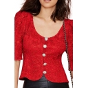 Sexy Scoop Neck White Button Fly Red Lace Crochet Blouse