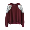 Sequined Angel Wings Round Neck Sweatshirt with Long Sleeve