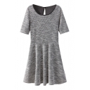 Round Neck Short Sleeve Gray Knitted A-line Dress