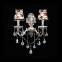 Stunning Black Flowers on White Fabric Shades Double Light Wall Sconce with Elaborate Silver Finish