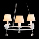 White Soft Metal Round Band Three Fabric Shades Bold Design Chandelier Hanging Sparkling Crystal Globes