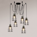 6 Light Suspender Chandelier with Wire Cage Industrial Wrought Iron Multi Light Pendant Lighting in Black