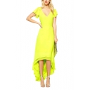 Yellow Ruffle Sleeve V-Neck High-Low Double Layer Slim Dress