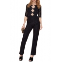 Black Eyelash Lace 1/2 Sleeve Zippered Fitted Jumpsuits