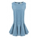 Denim Blue Textured Ruffle Hem Sleeveless Dress