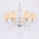 Cream Colored Fabric Bell Shade Clear Crystal Strands and Droplets Cascades 6-Light Chandelier