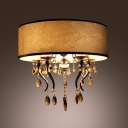 Romantic White Flannel Drum Shade Flush Mount Light Chandelier Accented by Amber Crystals