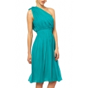 One Shudder Style Ruched Detail Tiered Chiffon Green A-line Dress