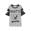 Stripe Star Letter Skull Pattern Tunic T-Shirt with Round Neck