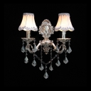 Classic European Style Two-light Wall Sconce Features Elaborate Silver Finish Plate and  White Fabric Bell Shades