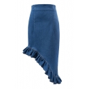 High Waist Plain Blue Fishtail Hem Bodycon Denim Skirt