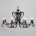 Wrought Iron Black Frame 8 Lights Crystal Strands Chandelier with Ball