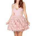 3D Chiffon Flower Embellished A-line Slip Pink Dress