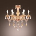 Crystal Chandelier Noteworthy for Ornate Arms and Scrolls Hung with Irregular Gleaming Crystal