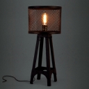 Retro Drum Shaded Industrial  Black Iron Network Four-feet Table Lamp
