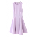 Plain Round Neck Pleated Sleeveless Fit and Flare Dress