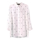 White Litter Mouse Print Lapel Long Sleeve Tunic Shirt