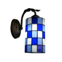 Cylinder Tiffany Glass Shade with Blue and White Grid pattern Beautiful Wall Sconce