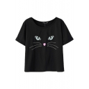 Round Neck Adorable Kitty Face Embroidery Black T-Shirt