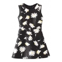 Black Background Sun Flower Print Zippered Back Dress