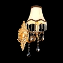 Outstanding Traditional Wall Light Fixture Adorned with Delicate Gold Finish Frame and White Fabric Shade with Black Edging