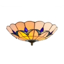 Three Lights Blue Flowers Motif Glass Shade Tiffany Flush Mount Ceiling Light