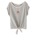 Tie Waist Little Girl Embroidery Stripe T-Shirt