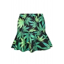 Marijuana Print Green A-line Skirt