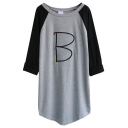 Embroidered B Round Neck Long Sleeve Tunic Tee