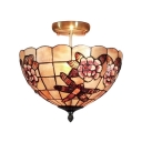 Nature-inspired Dragonfly and Flower Patterned Shell Shade Two Light Tiffany Semi Flush Mount Ceiling Light