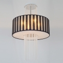 Four Lights Modern Close to Ceiling Light  with Black Stripe Pattern Drum Shade and Strands of Crystal Beads