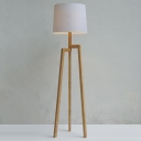 Wood Tripod And Fabric Drum Shaded Floor Lamp In Designer Style