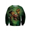 Green Background Scary Zombie Print Sweatshirt
