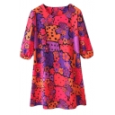 Red Floral Print 1/2 Sleeve Round Neck Shift Dress