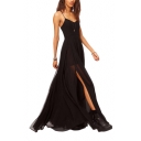 Street Style Black Longline V-Neck Split Chiffon Dress