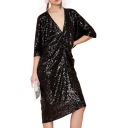3/4 Sleeve Shining Sequins V-Neck Column Black Dress