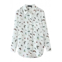 White Colorful Insect Print Lapel Single Pocket Blouse