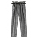 Gray Cotton Line Blend Belted Double Pockets Crop Pants