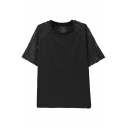 Black Plain Lace Raglan Sleeve T-Shirt with Round Neck