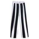 White&Black Striped Elastic Waist Crop Pants
